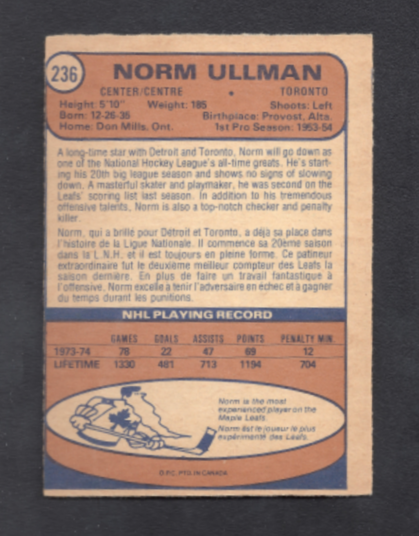 1974-1975 O-Pee-Chee Norm Ullman Toronto Maple Leafs Hockey Card #236