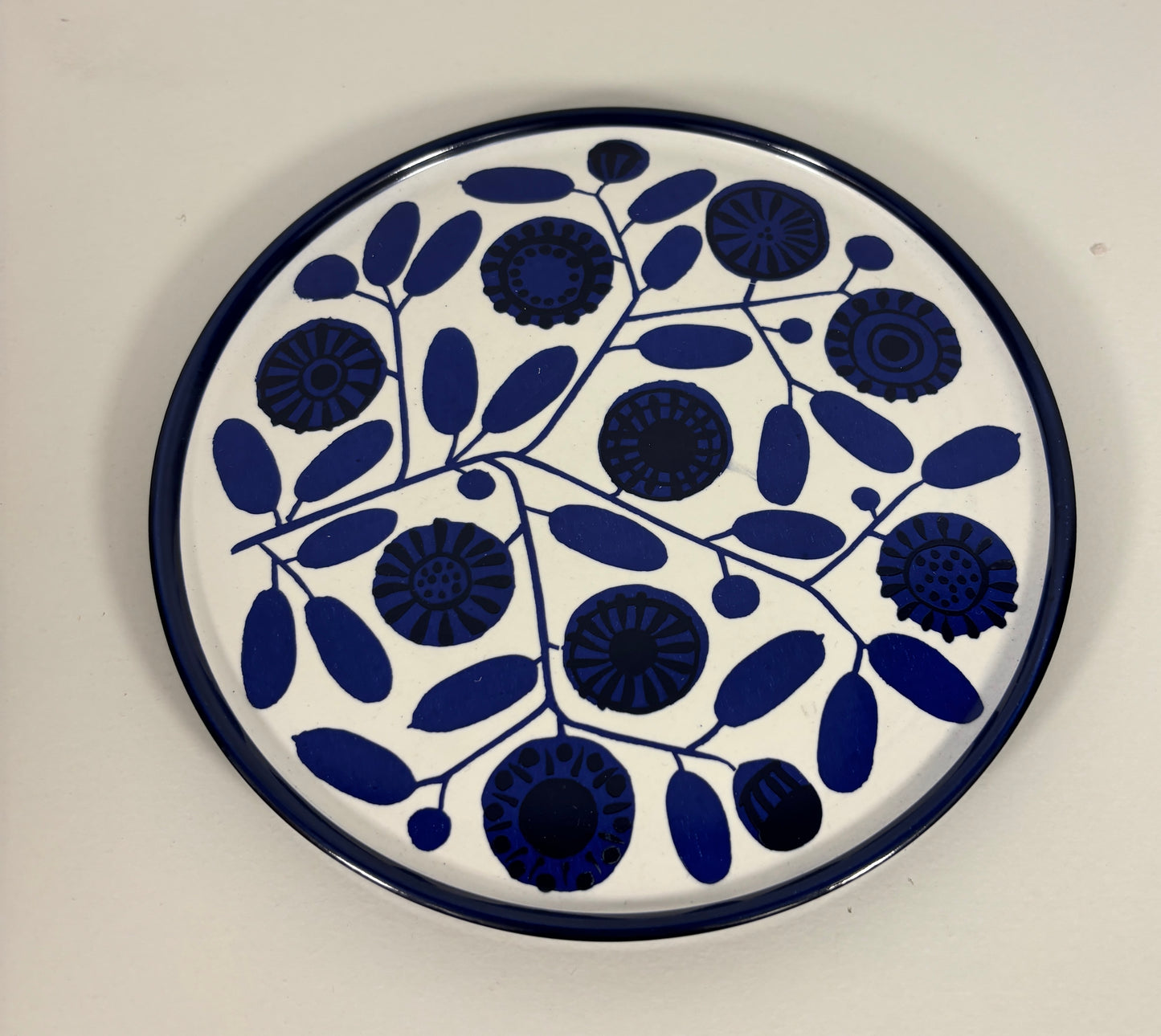 Ceramic plate with blue floral pattern on a white background