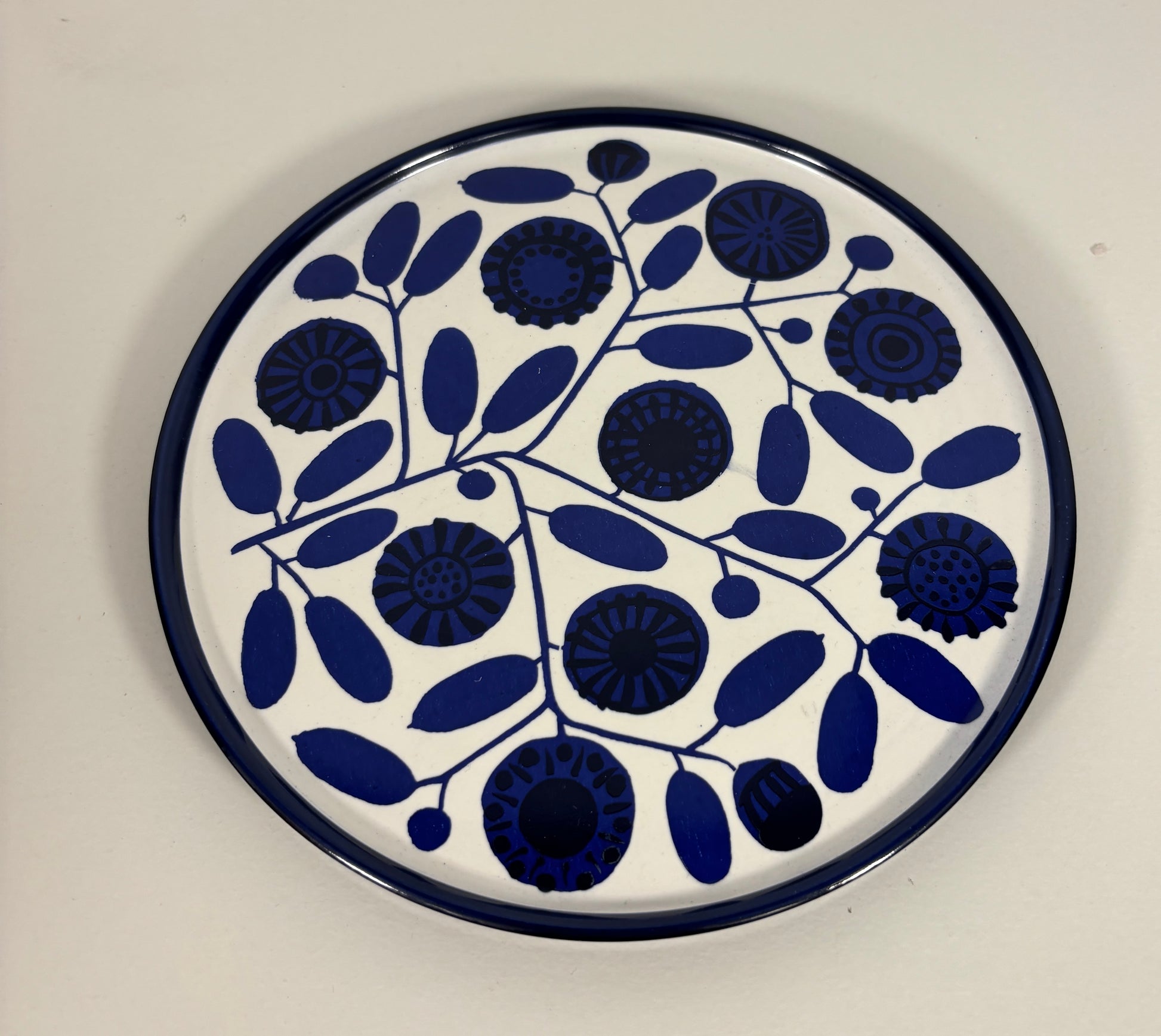 Ceramic plate with blue floral pattern on a white background