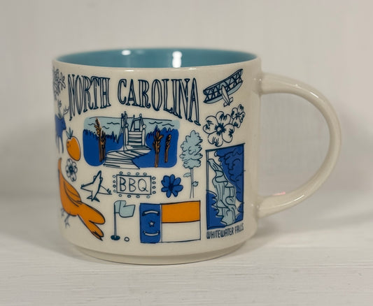 Mug with illustrations and text about North Carolina on a white background