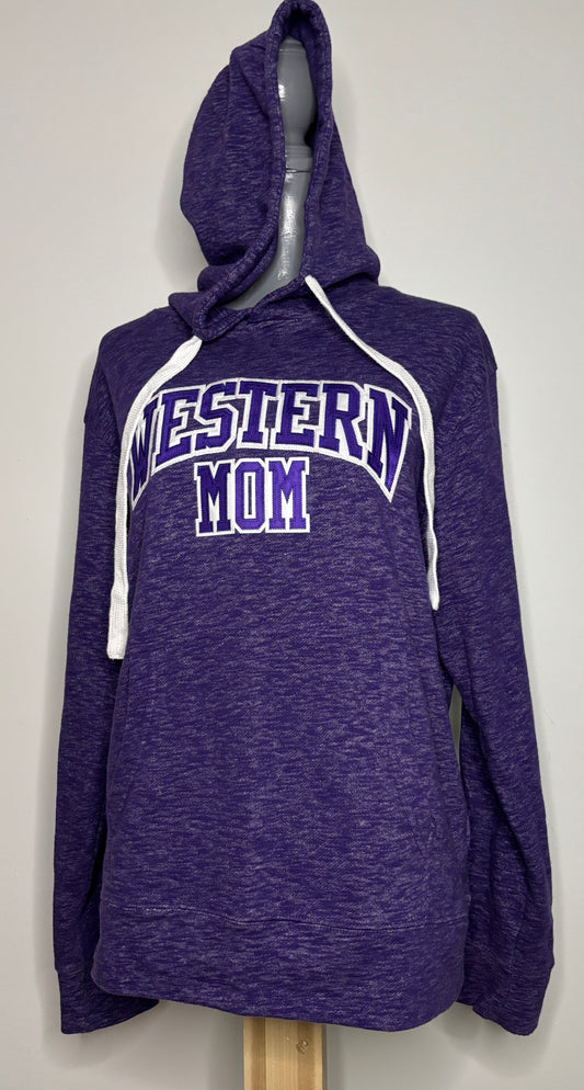Purple hoodie with 'Western Mom' text on a mannequin against a gray background