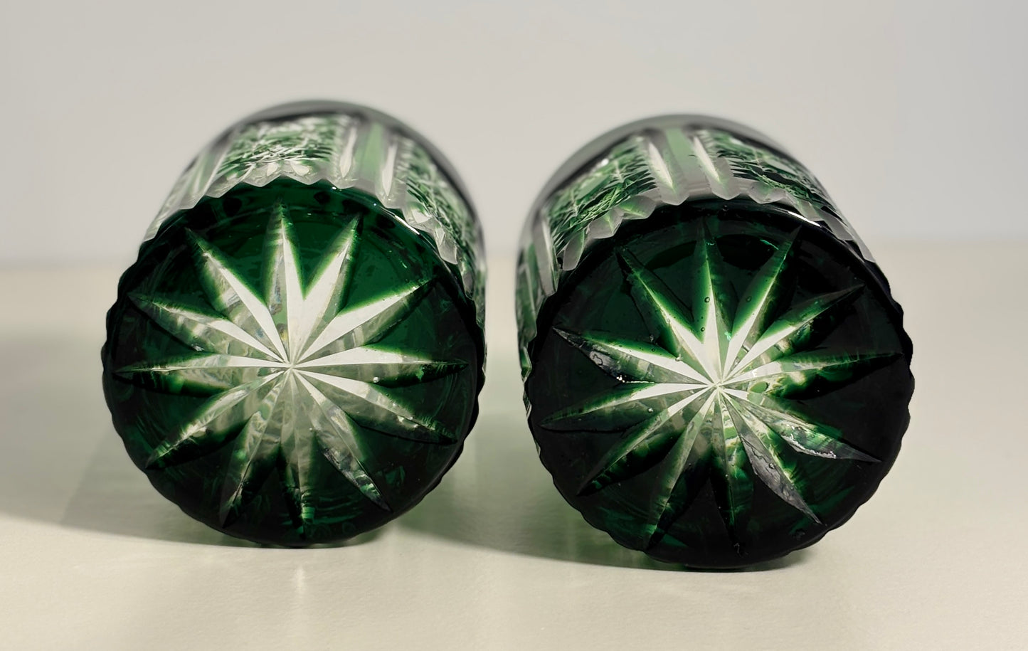 Ajka Crystal Marsala Green Lowball Glasses Pair