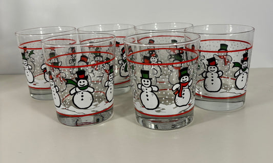 Libbey Dancing Snowmen Vintage Double Old Fashioned Glasses Set