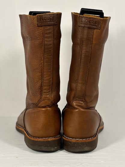 Pair of brown leather boots on a light gray background