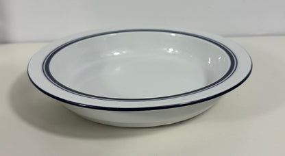 A white ceramic bowl with a double dark blue rim, photographed on a plain light background.