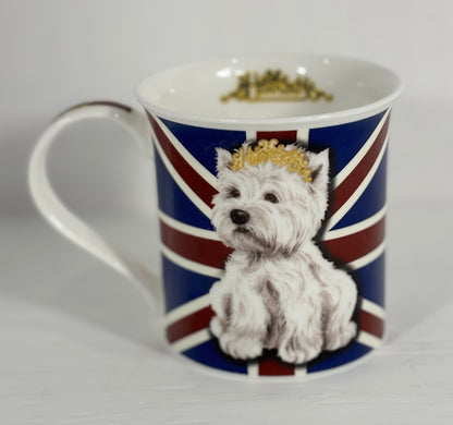 Mug with a design of a dog wearing a crown on a Union Jack background