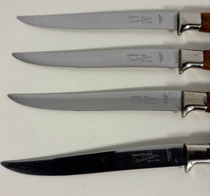 Set of four knives with wooden handles on a white background
