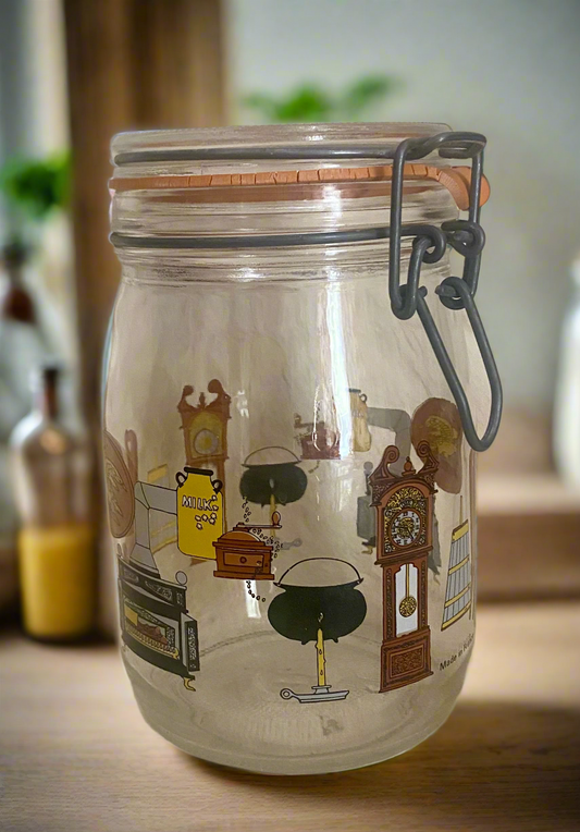 glass jar with grandfather clock design