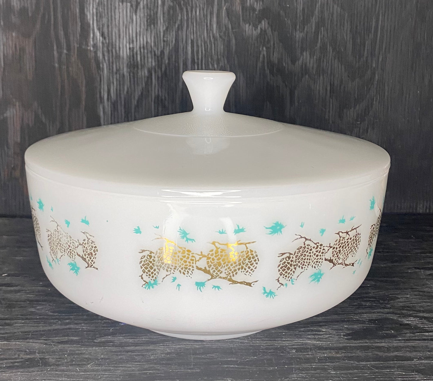 Federal Glass Gold Turquoise 9 Inch Casserole Serving Bowl with Lid