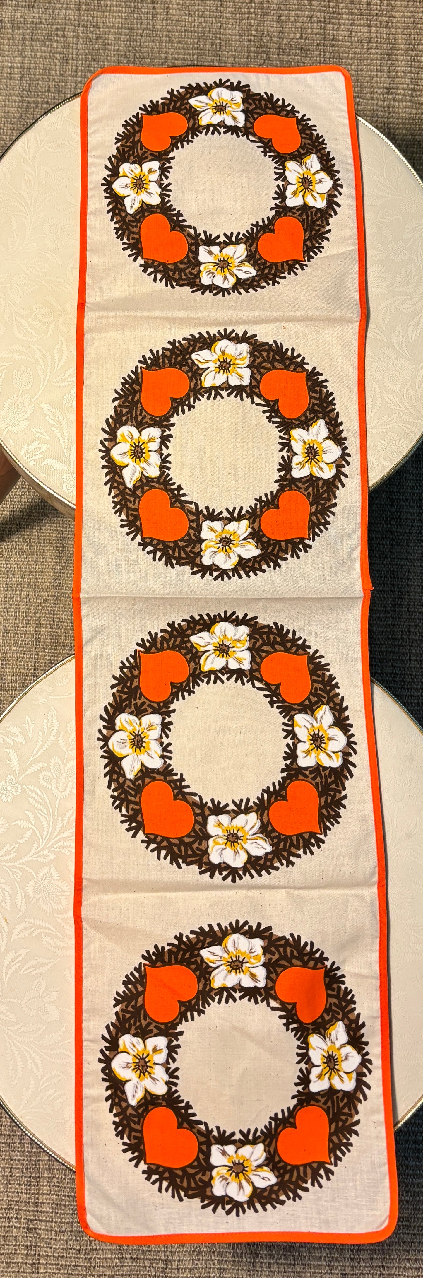 Orange Heart and Wreath Theme Vintage Table Runner
