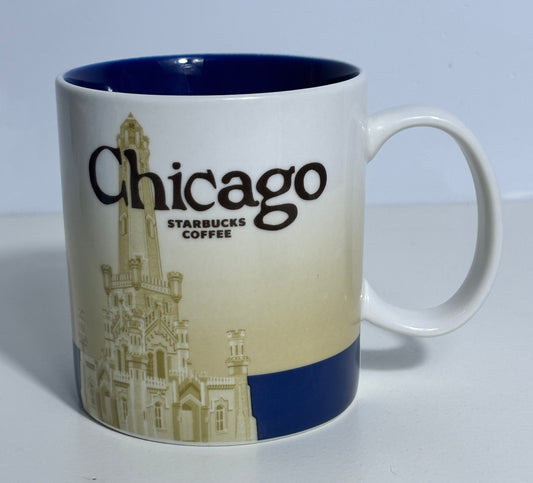 Starbucks Coffee mug with 'Chicago' text and skyline design on a white background