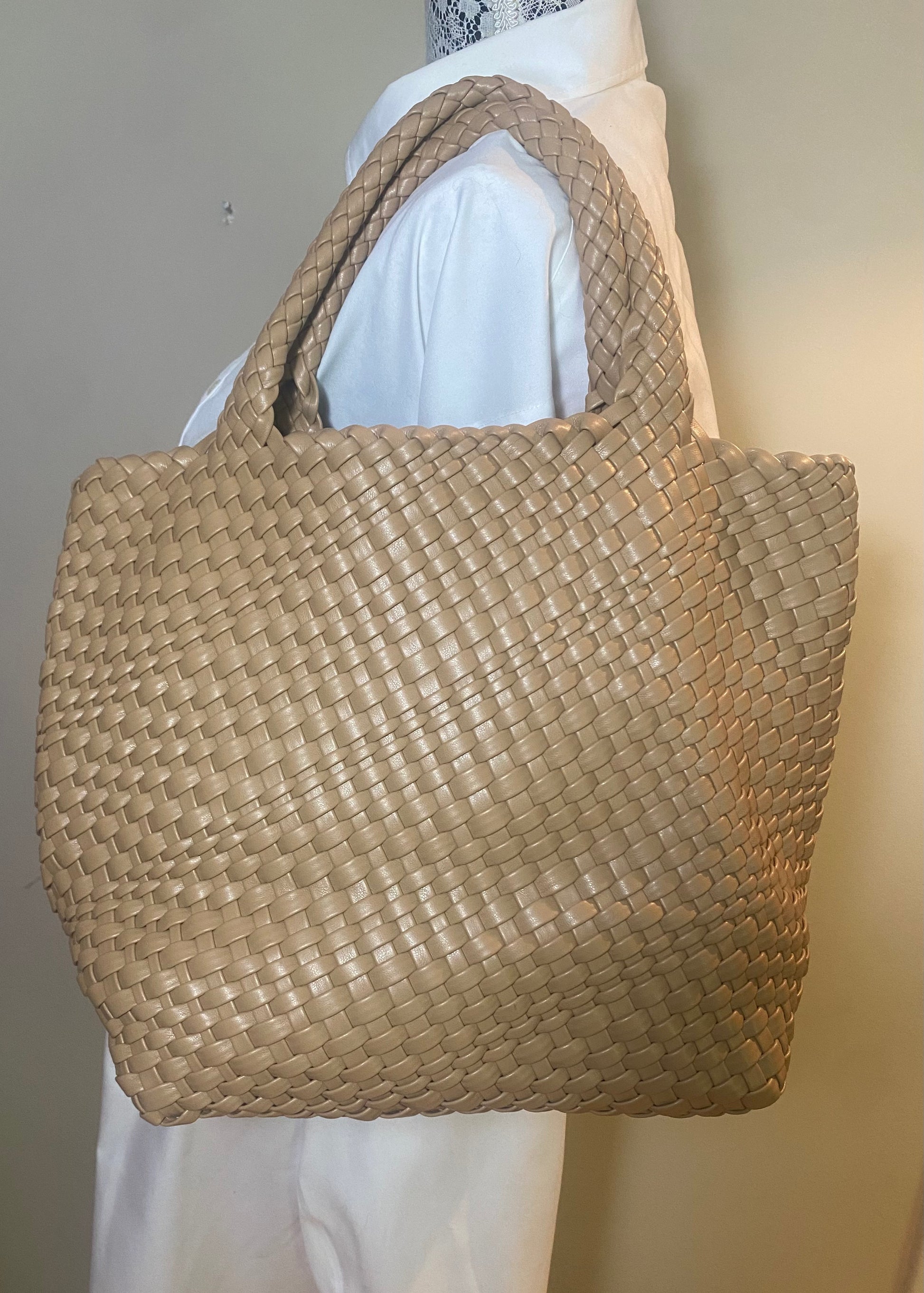 Vegan PU Leather Beige Woven Bucket Style Tote Purse