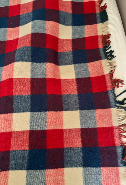 Plaid blanket with red, blue, and beige colors on a soft surface.