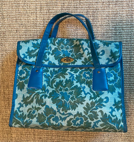 Vintage Carpet Style Blue Floral Handbag Carry Bag