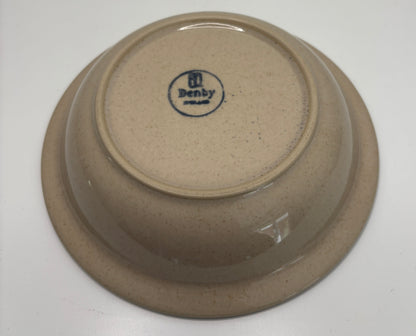 Brown ceramic bowl with 'Denby' branding on a white background