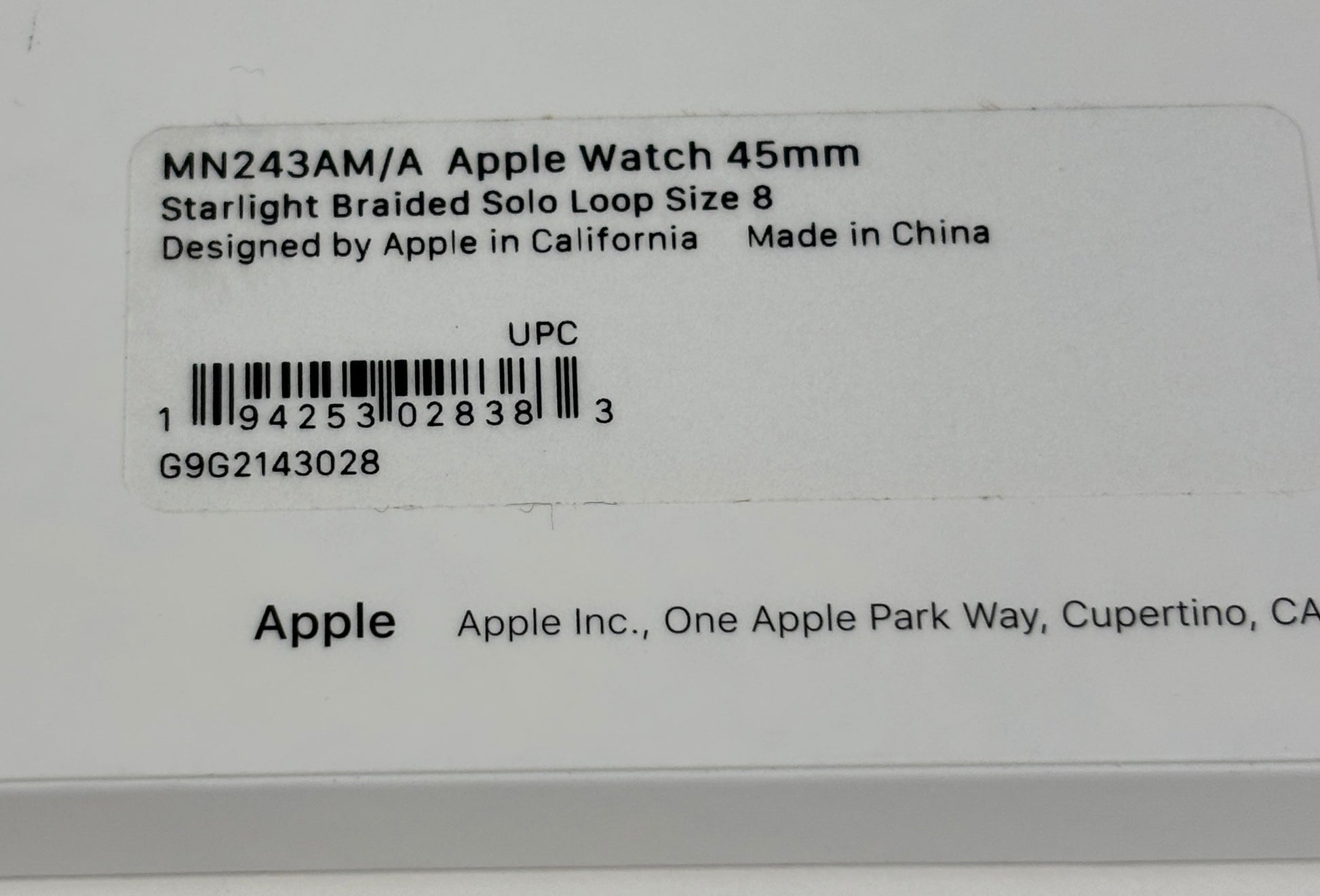 Apple Watch label with product details and Apple branding