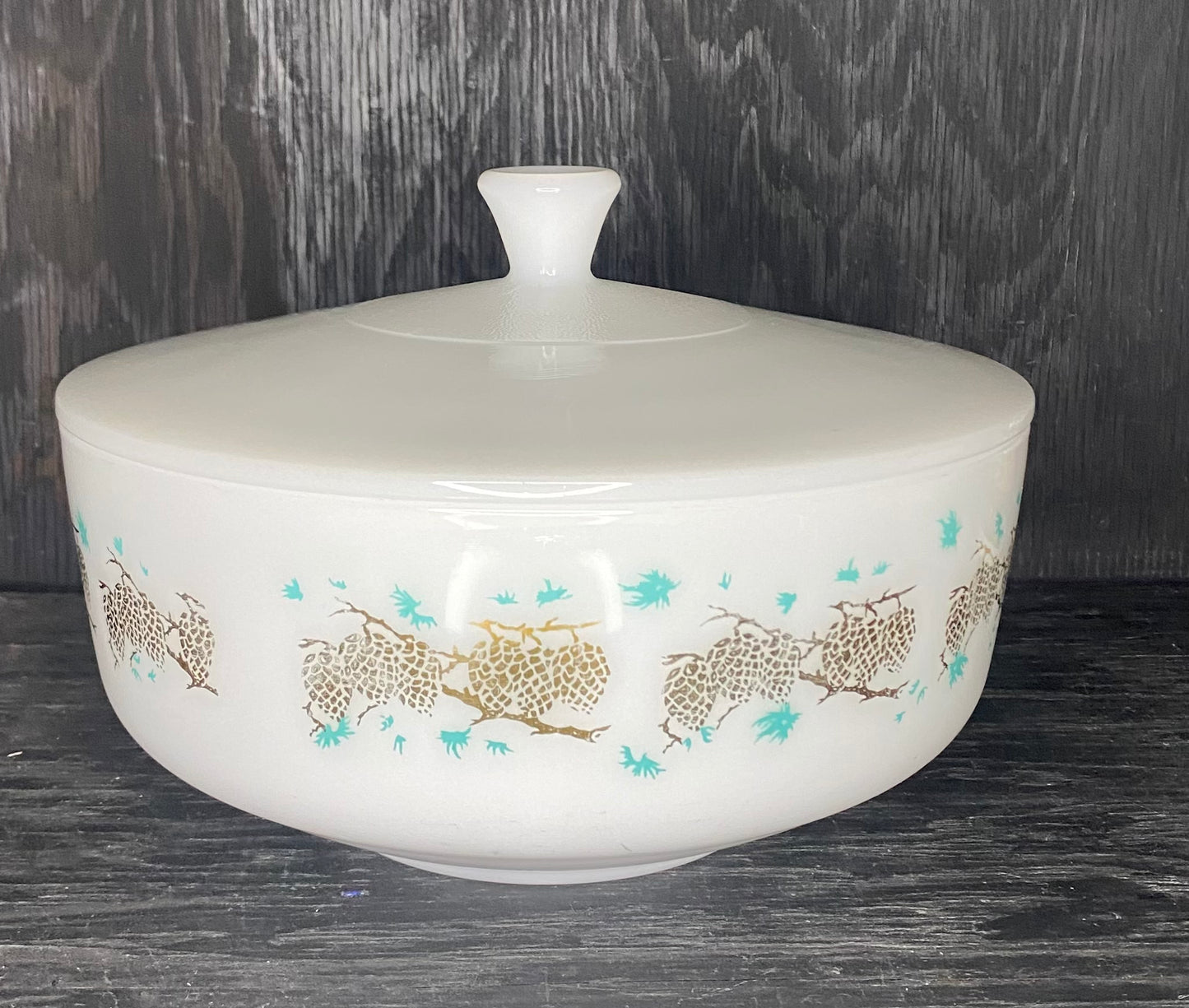 Federal Glass Gold Turquoise 9 Inch Casserole Serving Bowl with Lid