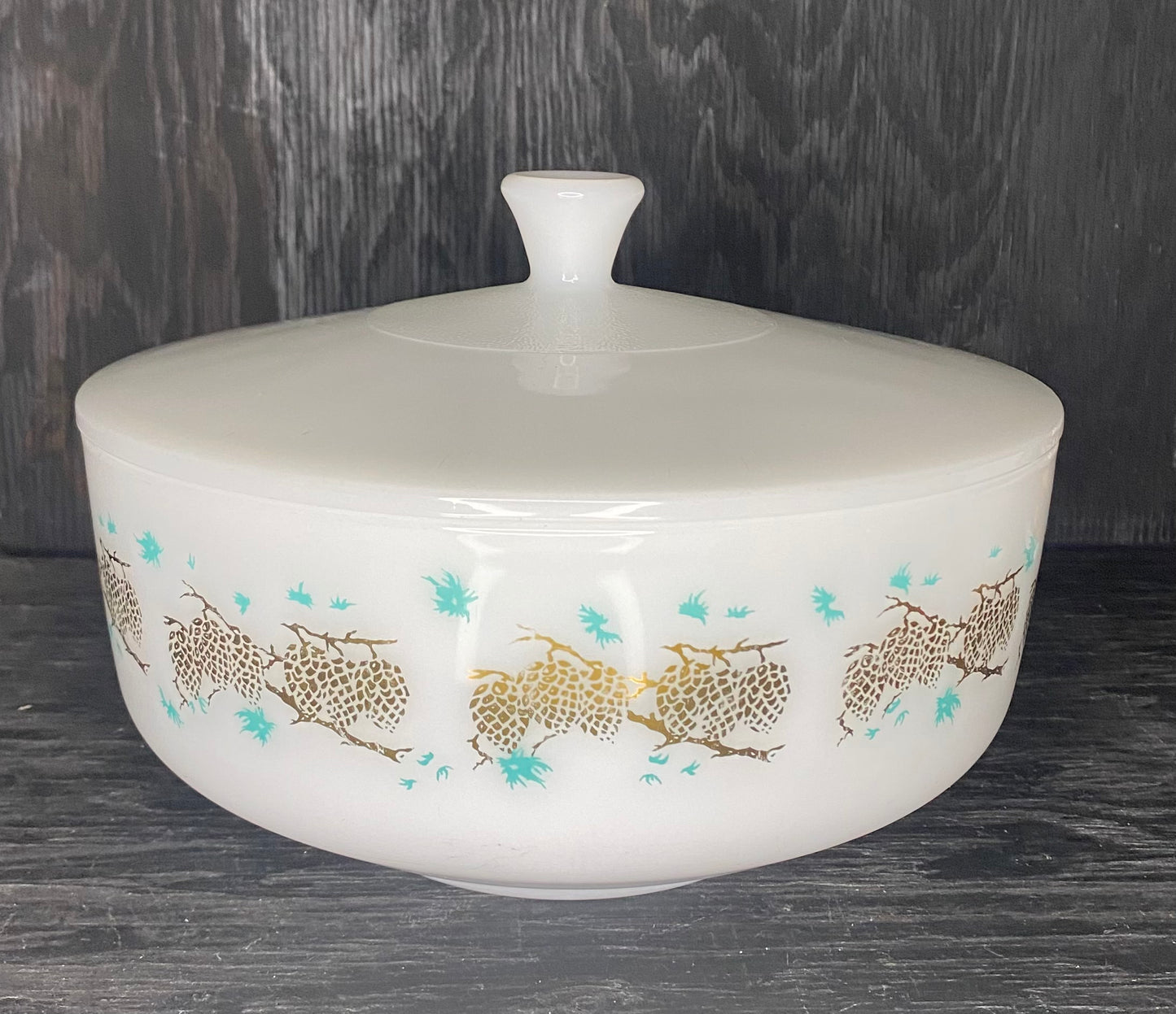 Federal Glass Gold Turquoise 9 Inch Casserole Serving Bowl with Lid