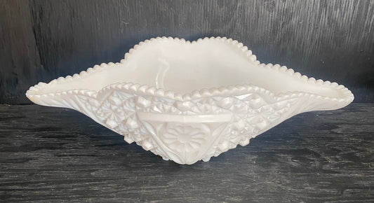 Kemple Milk Glass Flower V-Cane Oblong Sawtooth Edge Bowl