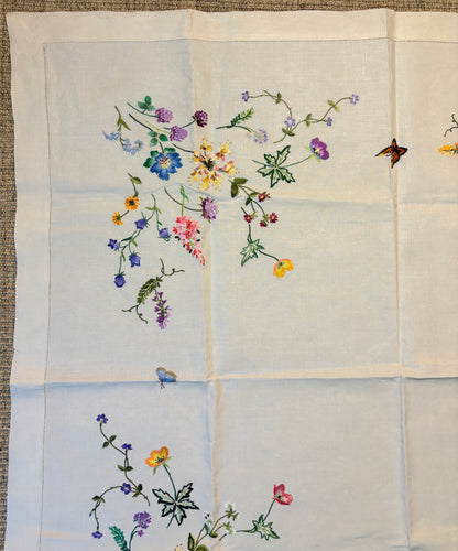 Wildflower and Butterfly Vintage Embroidered Tablecloth