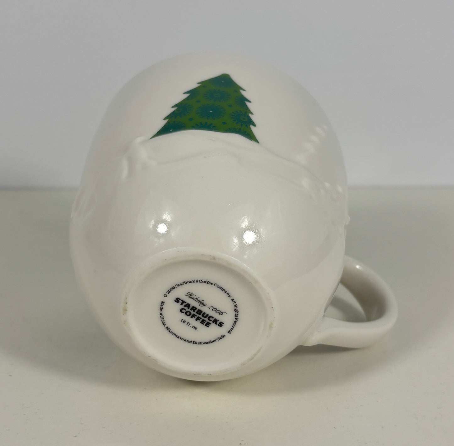 A white ceramic Starbucks coffee mug shown upside down, displaying a green Christmas tree design on the side and the brand's circular logo printed on the base.