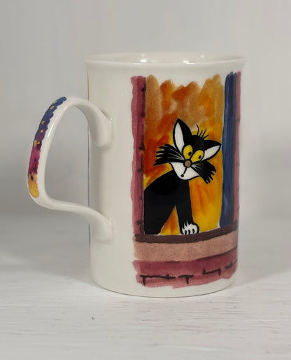 Mug with a cartoon cat design on a plain background
