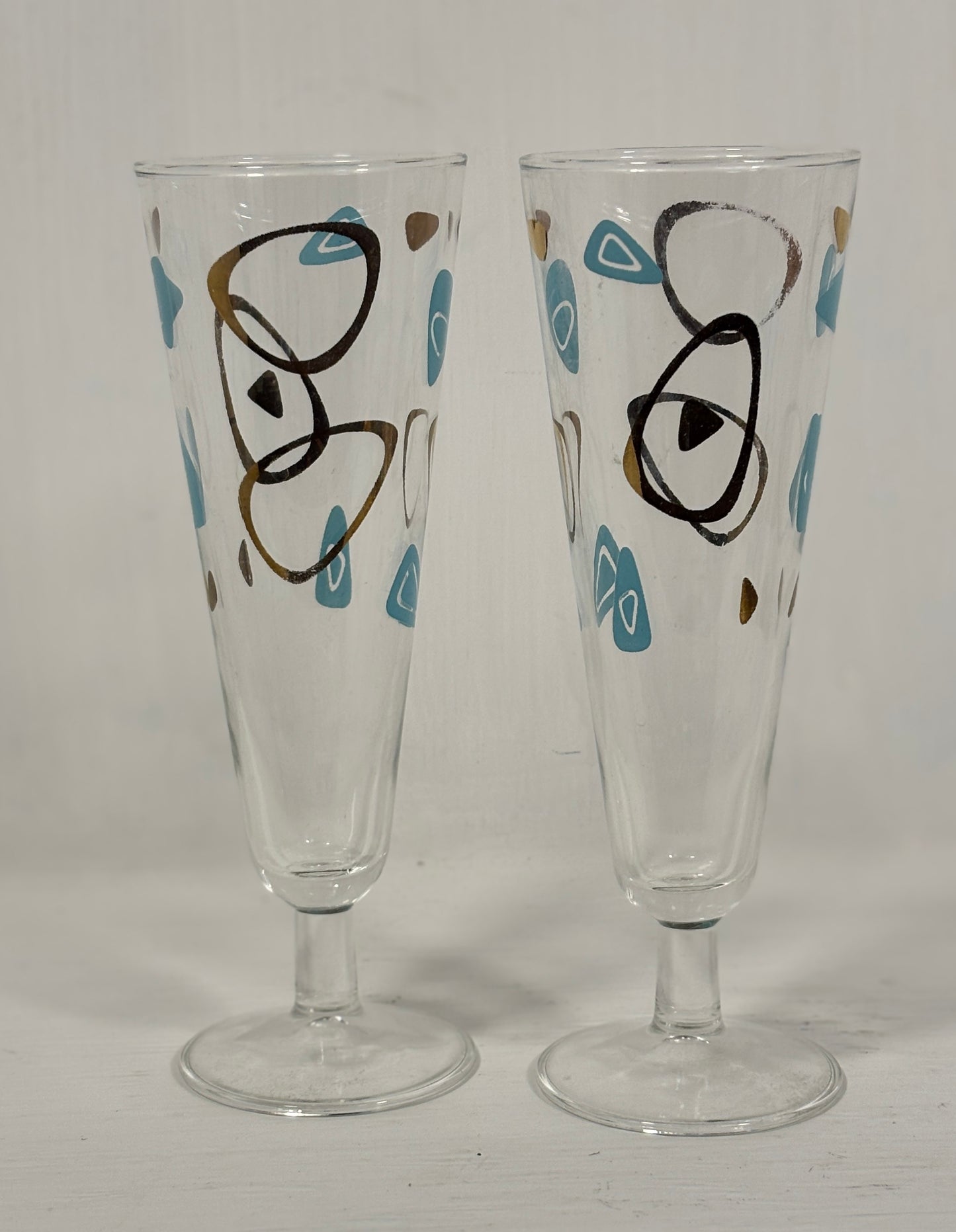 1950s Turquoise Gold Federal Atomic Amoeba Boomerang Stemware Glasses
