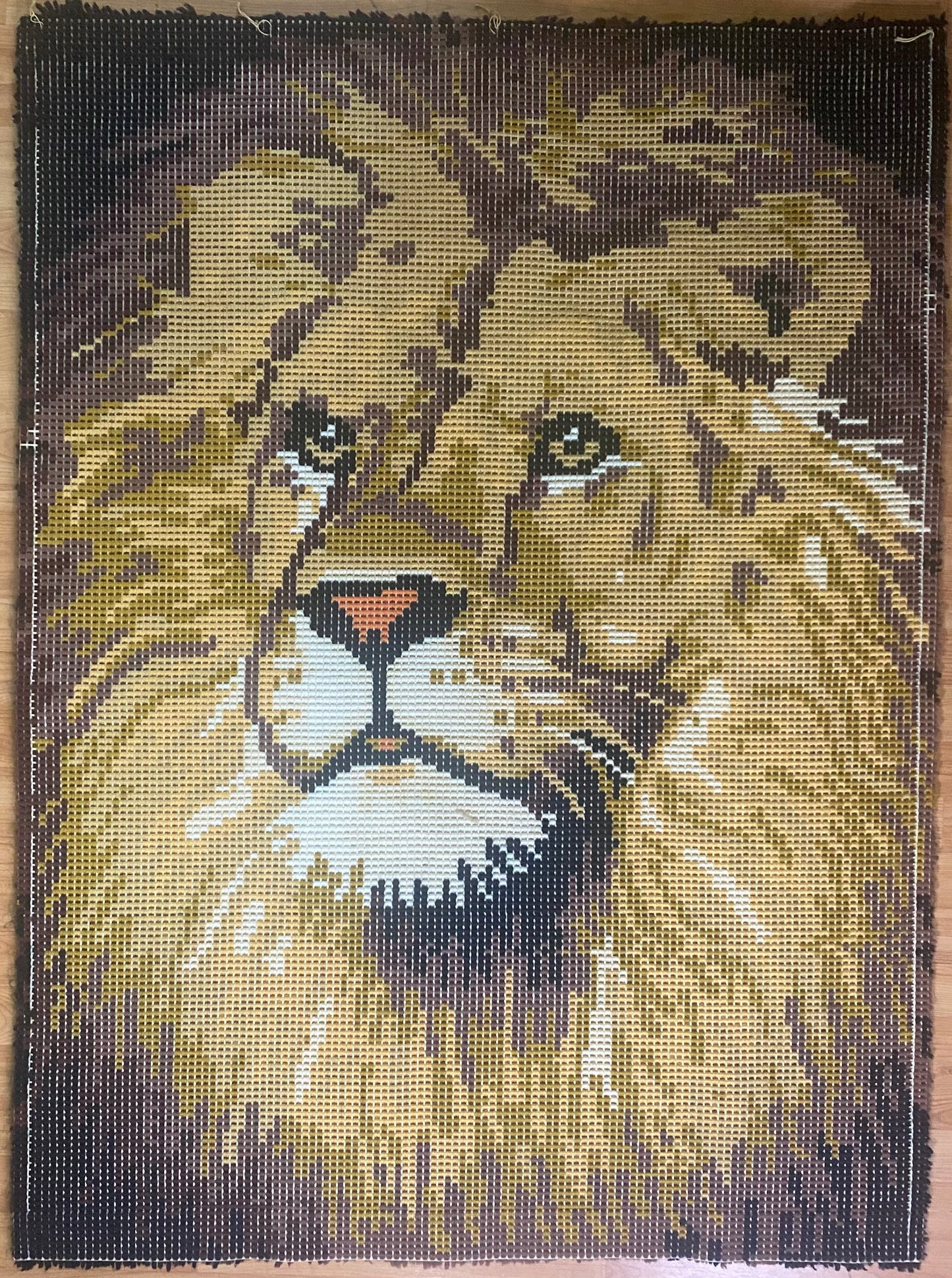 Vintage Lion Latch Hook Area Rug Tapestry