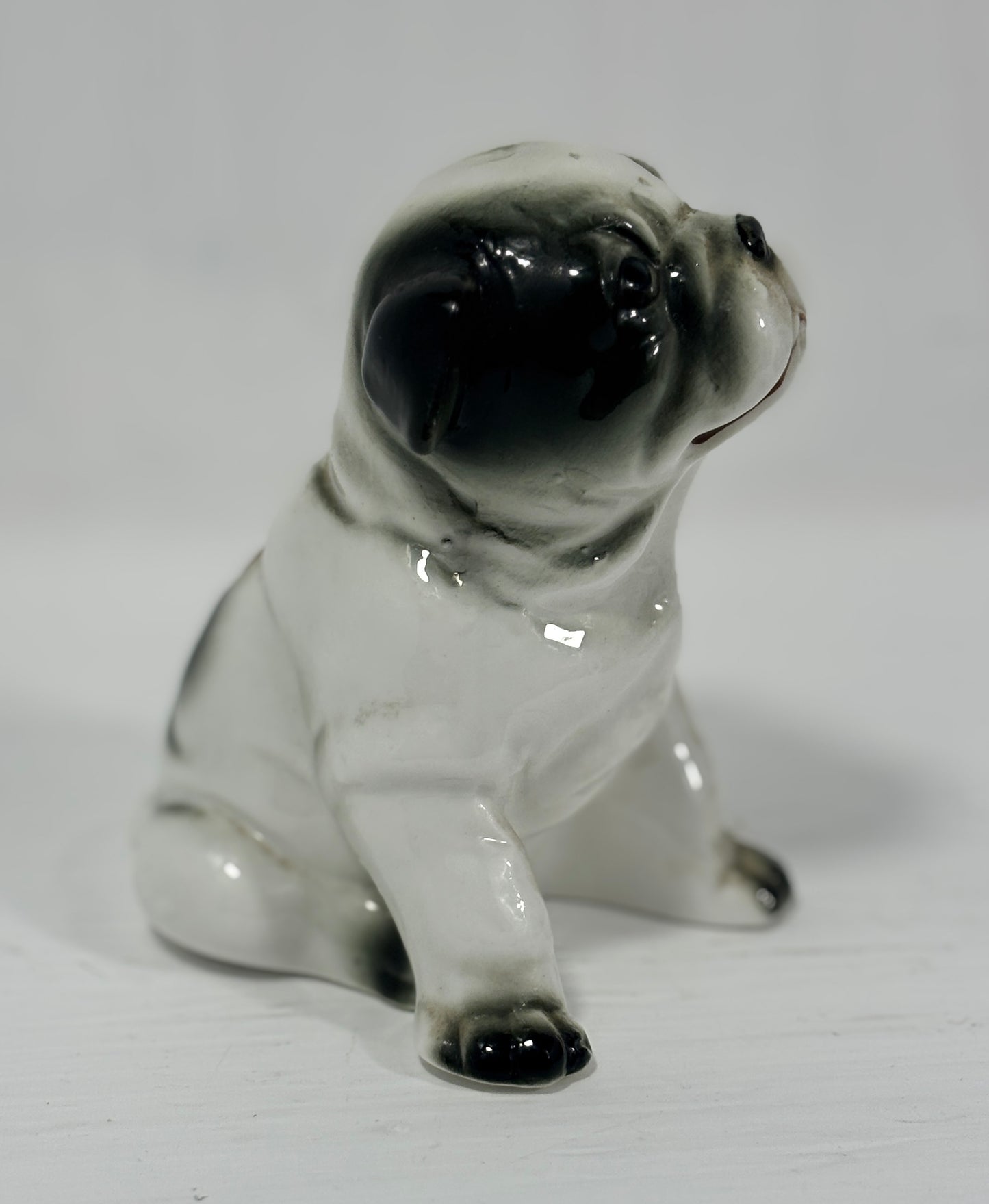 Small ceramic bulldog figurine on a white background