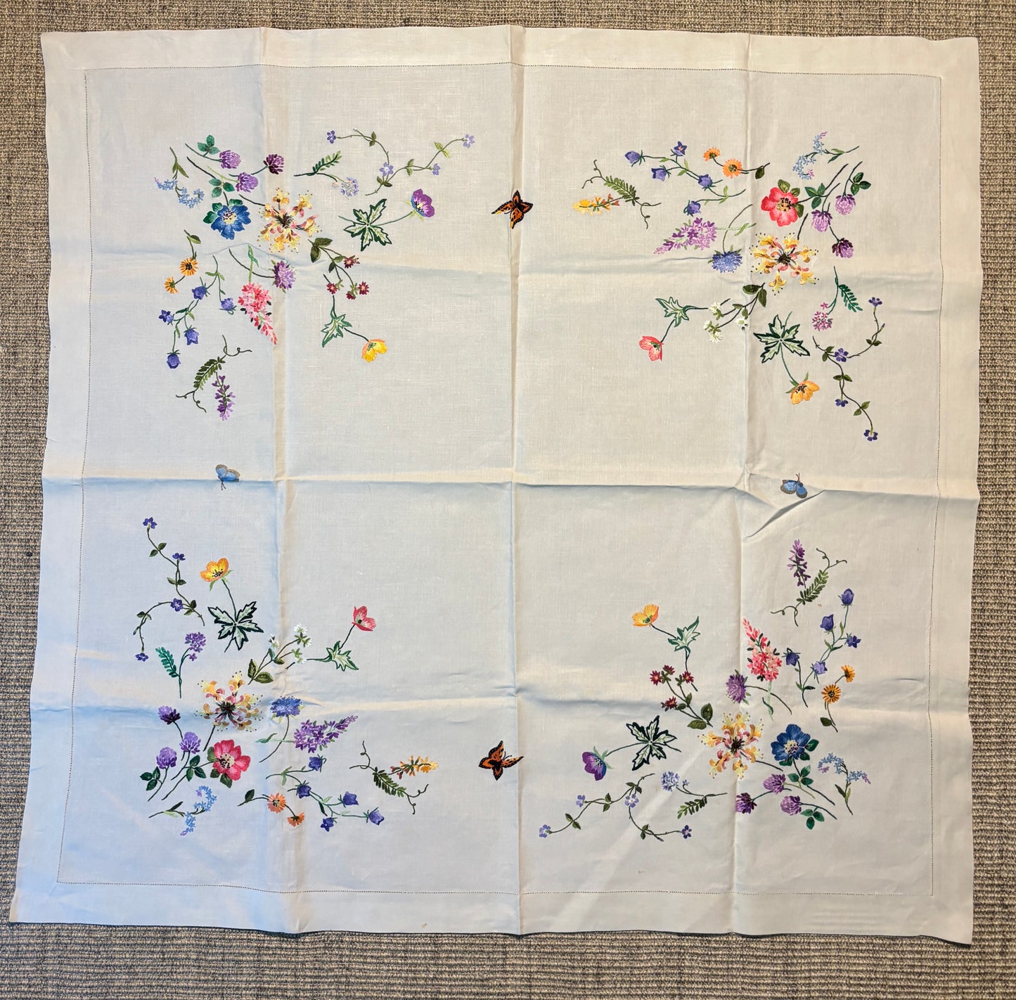 Wildflower and Butterfly Vintage Embroidered Tablecloth