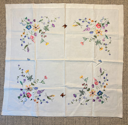 Wildflower and Butterfly Vintage Embroidered Tablecloth