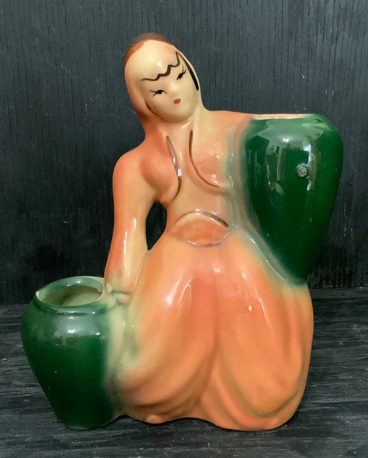 Vintage Woman in Flowing Dress Succulent Planter Vase