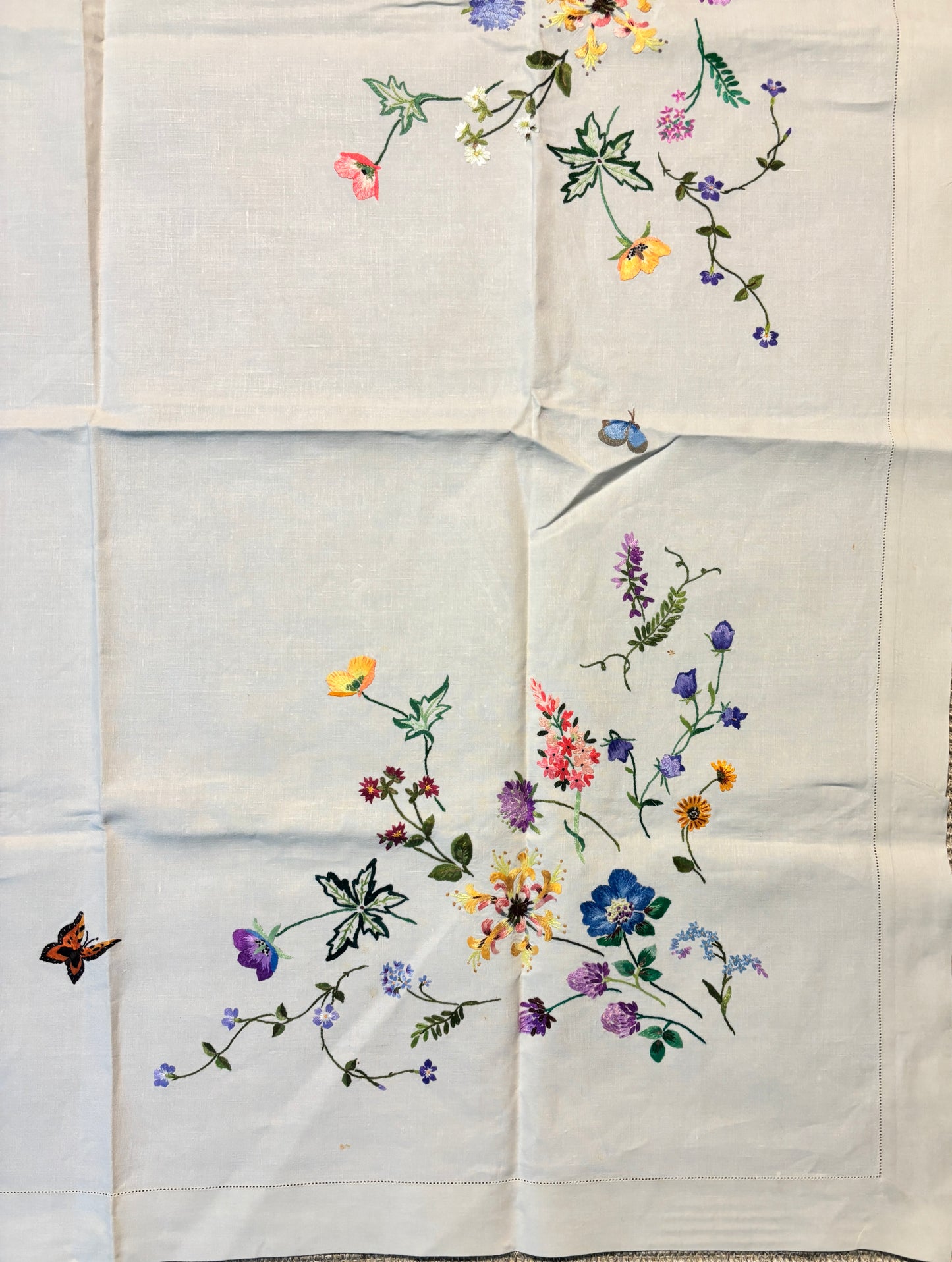 Wildflower and Butterfly Vintage Embroidered Tablecloth