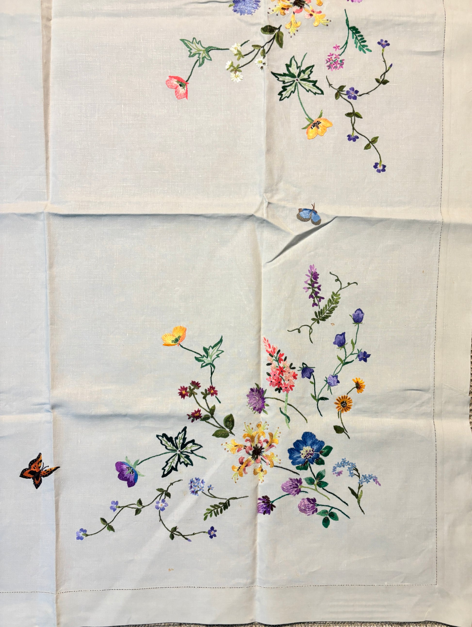Wildflower and Butterfly Vintage Embroidered Tablecloth