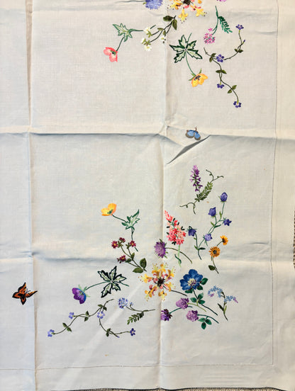 Wildflower and Butterfly Vintage Embroidered Tablecloth
