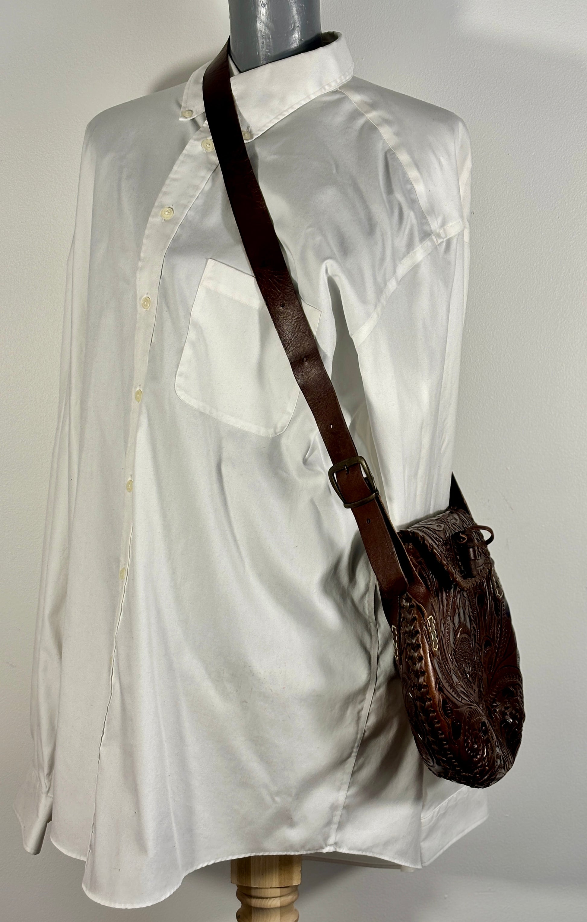 Vintage Brown Tooled Leather Floral Crossbody Bag
