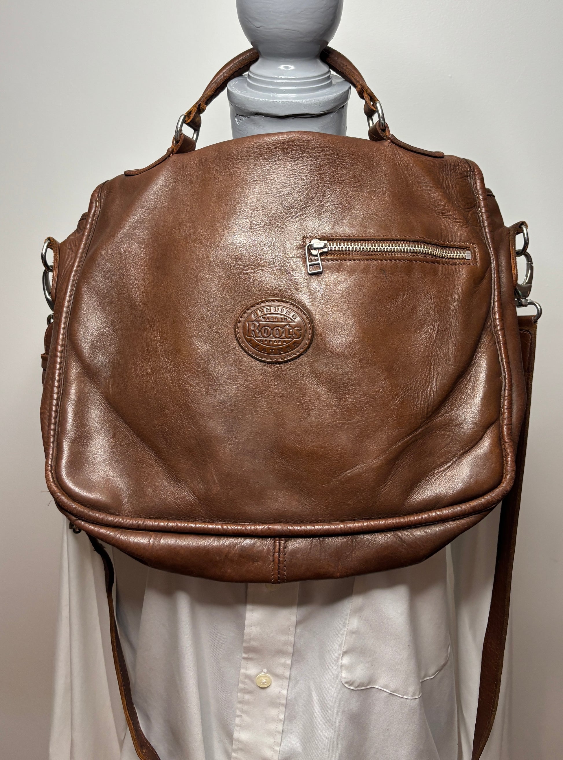 Roots Brown Leather Messenger Bag