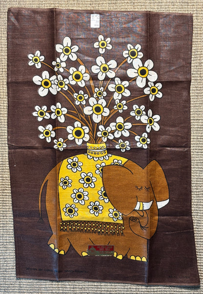 1970s Chris Bash Brown Elephant with Flowers Linen Tea Towel