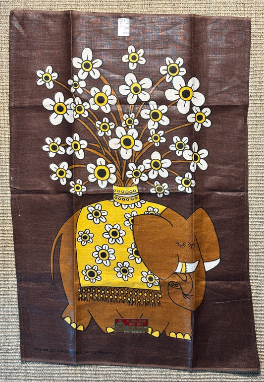 1970s Chris Bash Brown Elephant with Flowers Linen Tea Towel