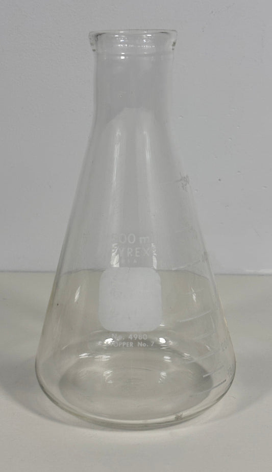 A clear glass Erlenmeyer flask with a conical shape and a short neck, shown on a plain light background.