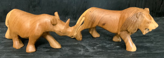 Hand Carved Wood Rhinoceros and Lion Statuettes