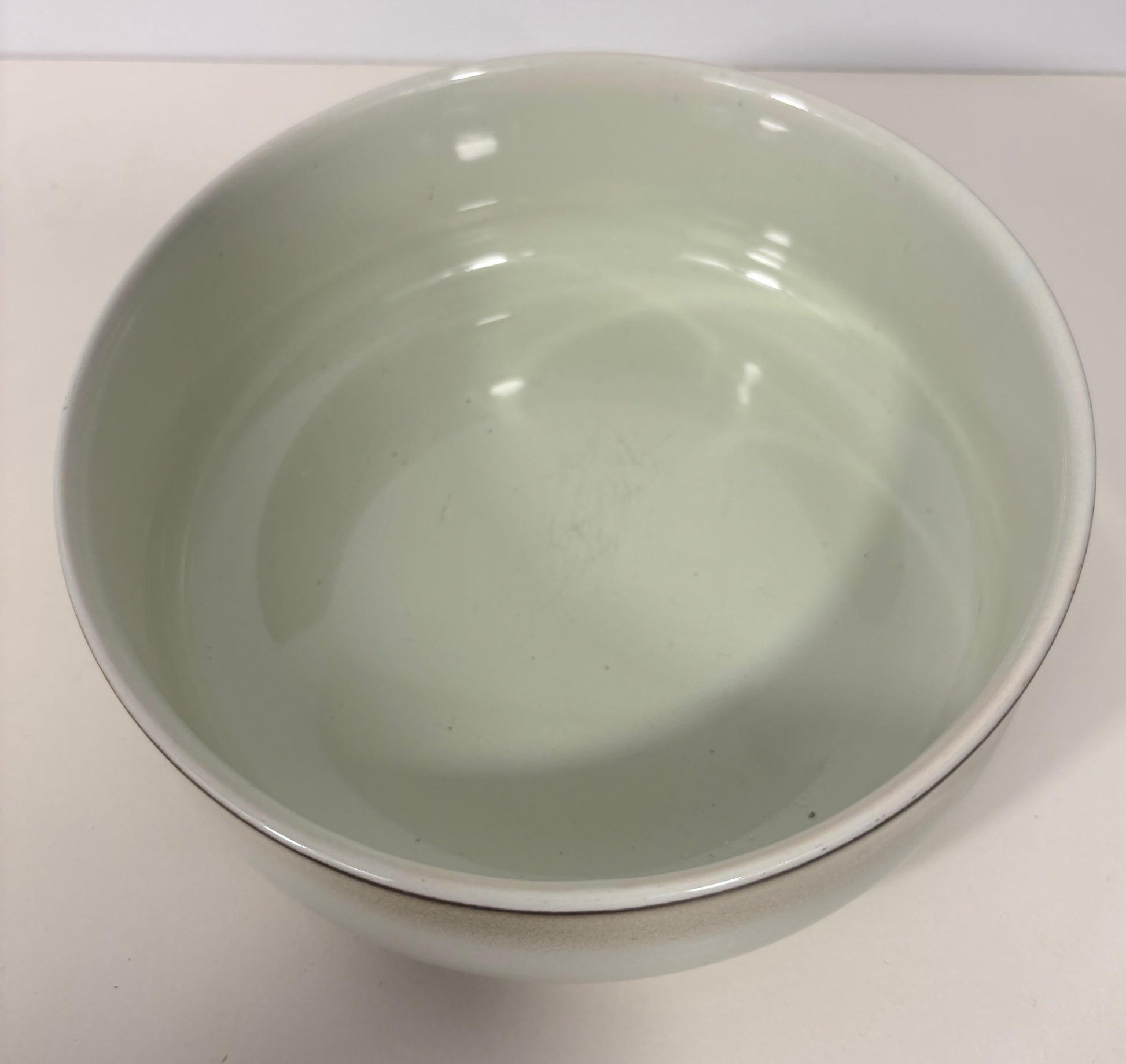A light green glazed ceramic bowl with a thin dark rim, photographed from a top-down perspective on a plain off-white surface.