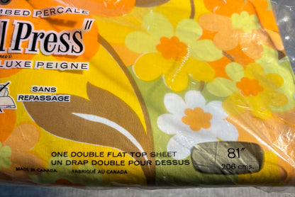 Vintage Wabasso Vogue Double Flat Top Orange Floral Bedsheet