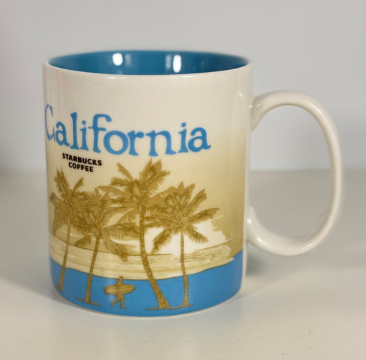 Starbucks mug with 'California' text and palm tree design on a plain background