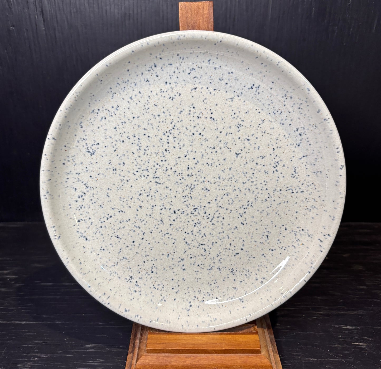 Speckled ceramic plate on a wooden stand against a dark background