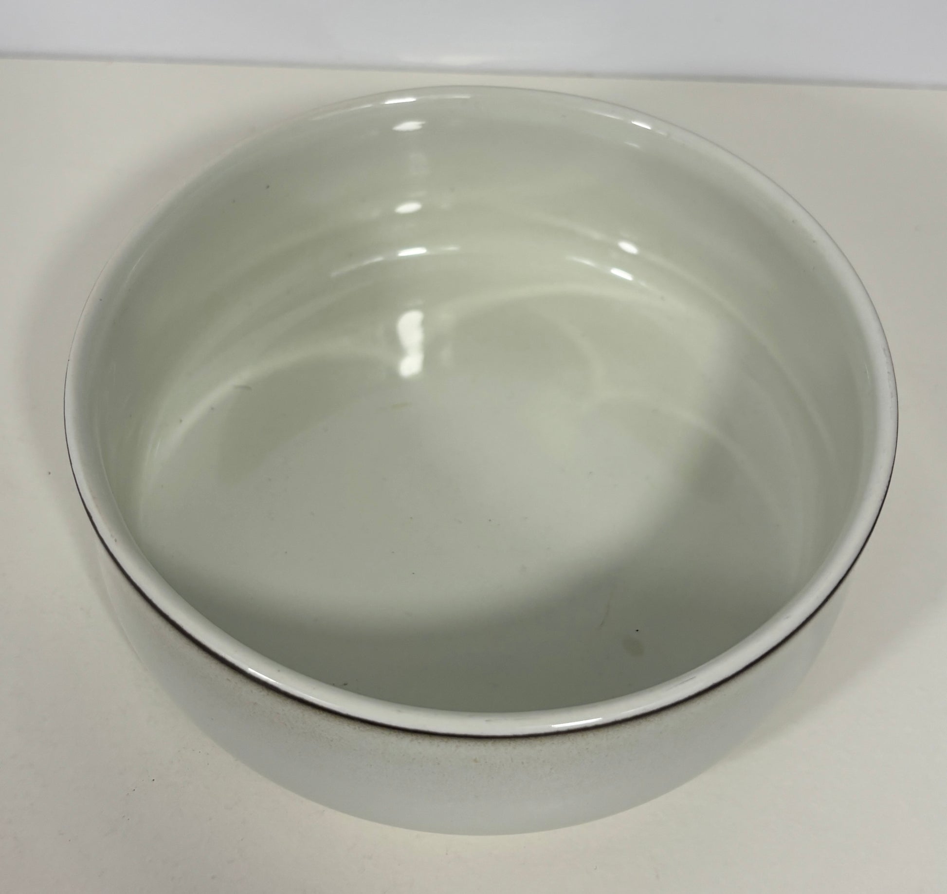 A white ceramic bowl with a thin dark rim, photographed from a top-down angle on a light surface.