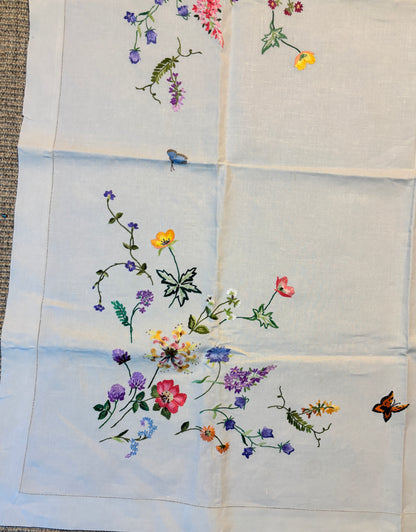 Wildflower and Butterfly Vintage Embroidered Tablecloth