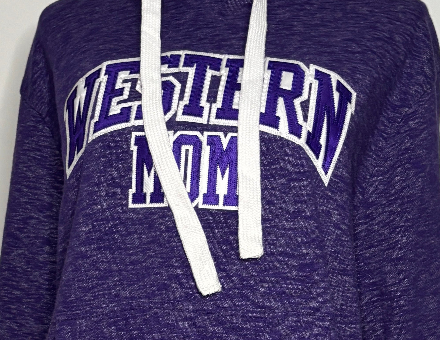 Purple hoodie with 'Western Mom' text on a mannequin against a white background