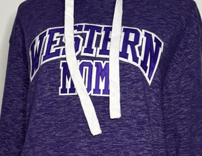 Purple hoodie with 'Western Mom' text on a mannequin against a white background
