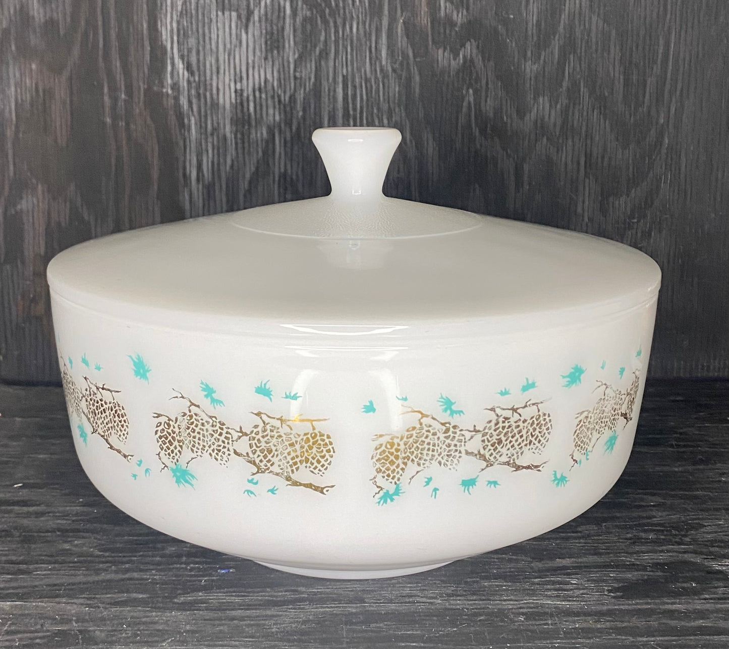 Federal Glass Gold Turquoise 9 Inch Casserole Serving Bowl with Lid